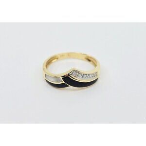 Unique 14K Solid Yellow Gold Diamond, Black Onyx & Mother of Pearl Ring - Size 6